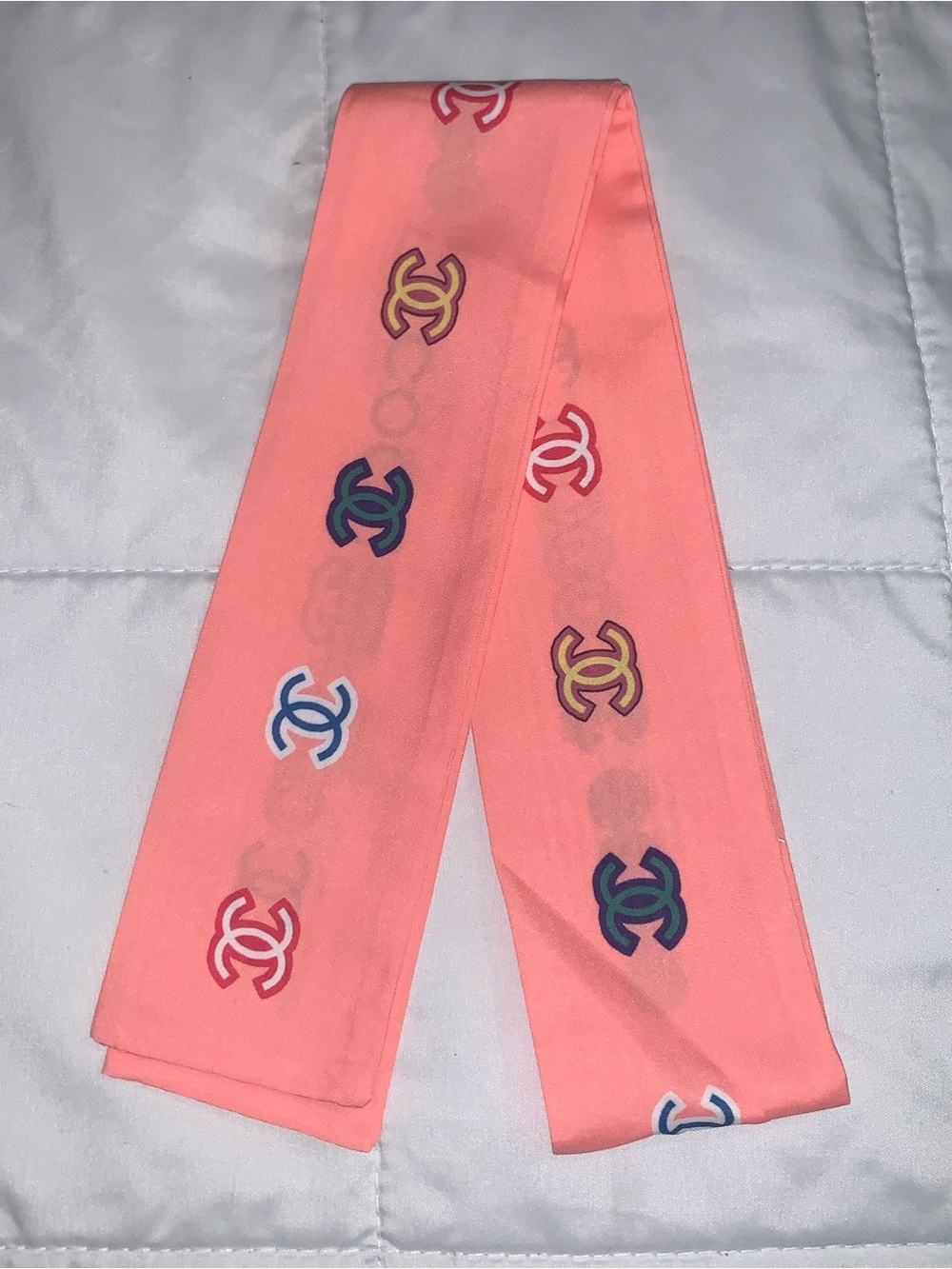NWOT Coral Logo-Print Silk Scarf Ribbon